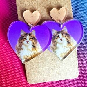 Fluffy Kitty Purple Heart Dangle Earrings